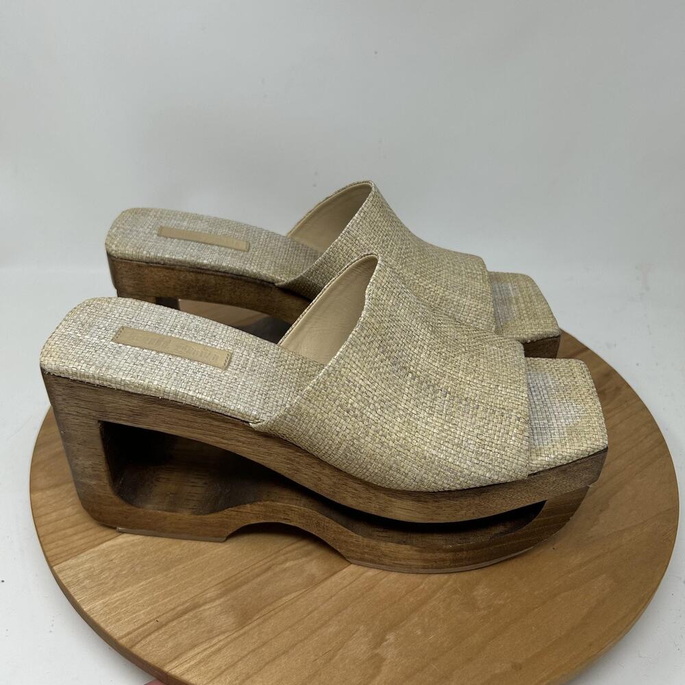 Cult Gaia Sandals 8.5 Ruza Platform Wedge Slide Beige Wood Summer Boho Resort